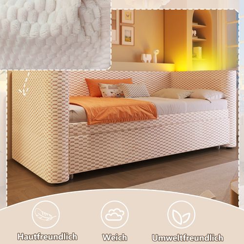 Lit Gigogne 90x200 Cm En Velours Beige Avec Tiroir Extensible 180x200 Cm Et Bande LED