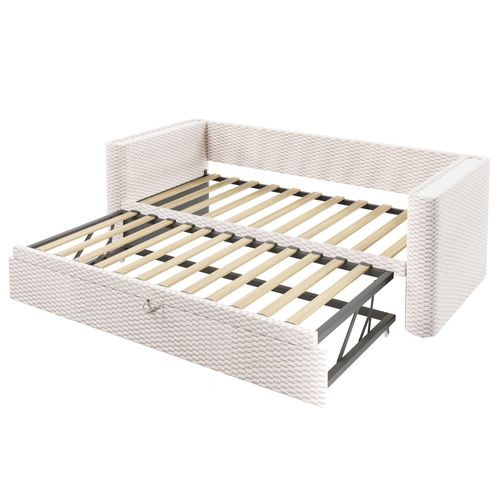 Lit Gigogne 90x200 Cm En Velours Beige Avec Tiroir Extensible 180x200 Cm Et Bande LED