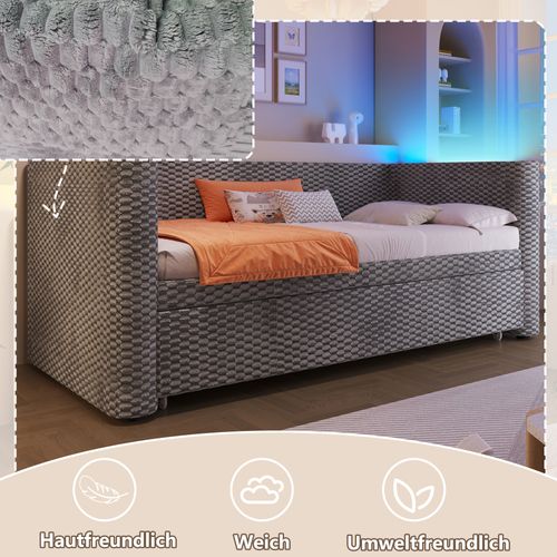 Lit Gigogne 90x200 Cm En Velours Gris Avec Tiroir Extensible 180x200 Cm Et Bande LED