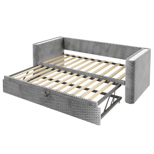 Lit Gigogne 90x200 Cm En Velours Gris Avec Tiroir Extensible 180x200 Cm Et Bande LED