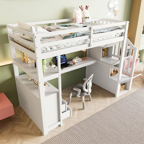 Lit Mezzanine 90x200 Cm Avec Bureau Intégré, Tiroirs Et Étagères, Design Blanc Et Pratique