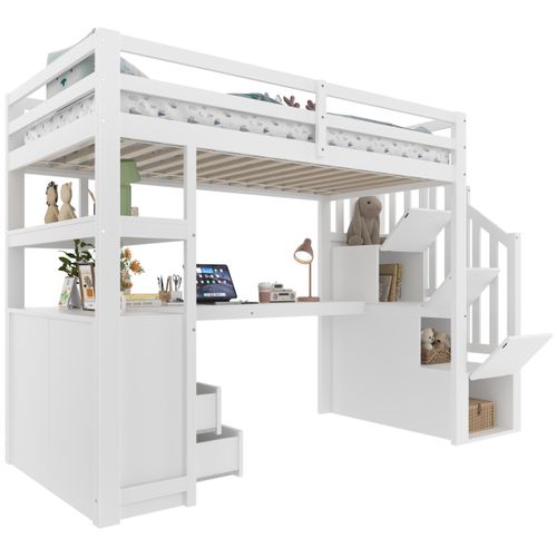 Lit Mezzanine 90x200 Cm Avec Bureau Intégré, Tiroirs Et Étagères, Design Blanc Et Pratique