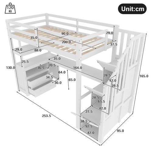 Lit Mezzanine 90x200 Cm Avec Bureau Intégré, Tiroirs Et Étagères, Design Blanc Et Pratique