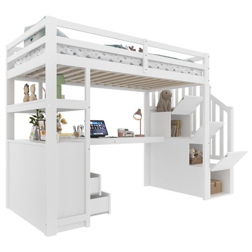Lit Mezzanine 90x200 Cm Avec Bureau Intégré, Tiroirs Et Étagères, Design Blanc Et Pratique
