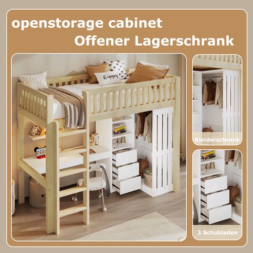 Lit Mezzanine 90x200 Cm Avec Bureau, Armoire, 3 Tiroirs Et Espace Ouvert, Nature