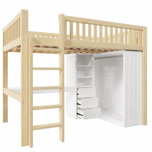 Lit Mezzanine 140x200 Cm Avec Bureau, Armoire, 3 Tiroirs Et Espace Ouvert, Bois Naturel