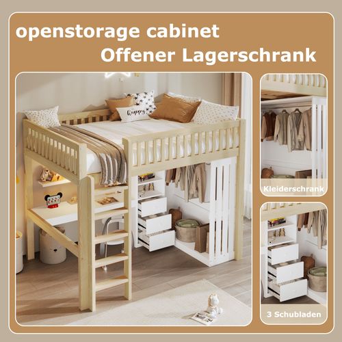 Lit Mezzanine 140x200 Cm Avec Bureau, Armoire, 3 Tiroirs Et Espace Ouvert, Bois Naturel