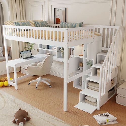 Lit Mezzanine 140x200 Cm Avec LED, Bureau, Étagères Et Rangement, Bois Naturel Et Blanc