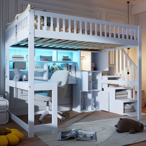 Lit Mezzanine 140x200 Cm Avec LED, Bureau, Étagères Et Rangement, Bois Naturel Et Blanc