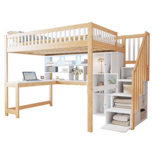 Lit Mezzanine 140x200cm Avec LED, Bureau, Étagères Et Escalier Avec Rangement, Blanc Et Bois Naturel