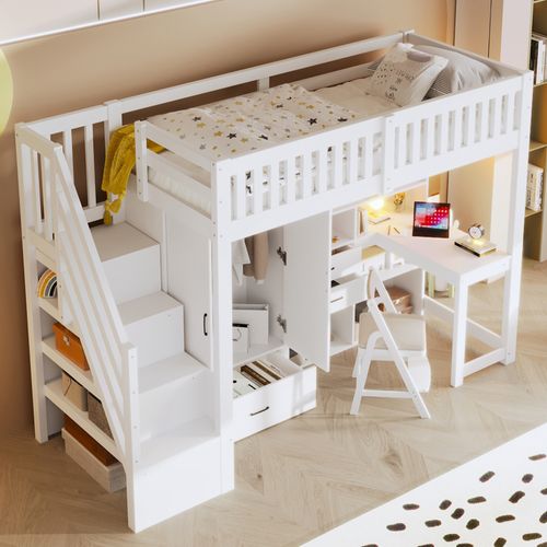 Lit Mezzanine 90 X 200 Cm Avec Bureau, Armoire Et Rangements Intégrés, Multifonctionnel, Blanc