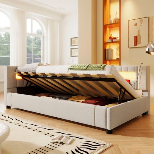 Lit Enfant 90x200 Cm En Lin Beige Avec LED, Rangement Hydraulique Et Ports USB + Type-c