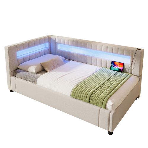 Lit Enfant 90x200 Cm En Lin Beige Avec LED, Rangement Hydraulique Et Ports USB + Type-c
