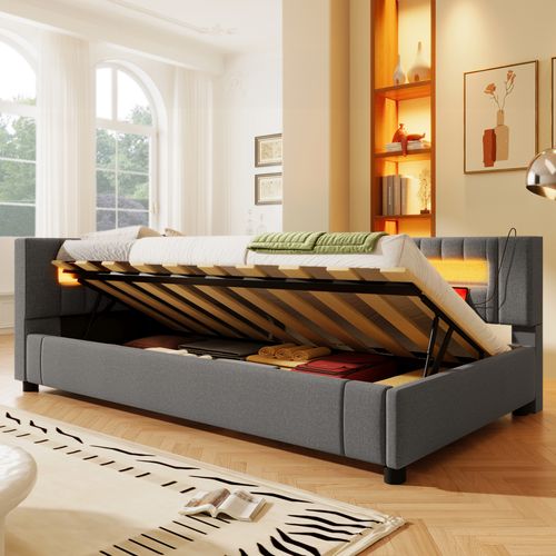 Lit Enfant 90x200 Cm En Lin Gris Avec LED, Rangement Hydraulique Et Ports USB + Type-c