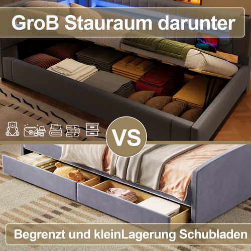 Lit Enfant 90x200 Cm En Lin Gris Avec LED, Rangement Hydraulique Et Ports USB + Type-c