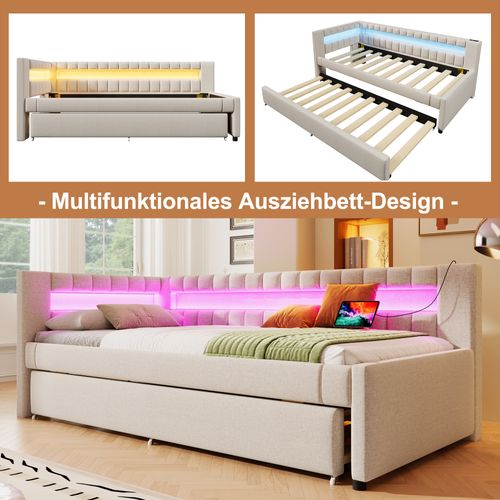 Lit Gigogne 90x200 Cm En Lin Beige Avec LED, Tiroir Extensible Et Ports USB + Type-c