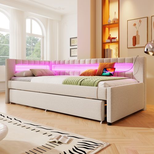 Lit Gigogne 90x200 Cm En Lin Beige Avec LED, Tiroir Extensible Et Ports USB + Type-c