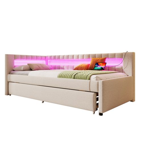 Lit Gigogne 90x200 Cm En Lin Beige Avec LED, Tiroir Extensible Et Ports USB + Type-c