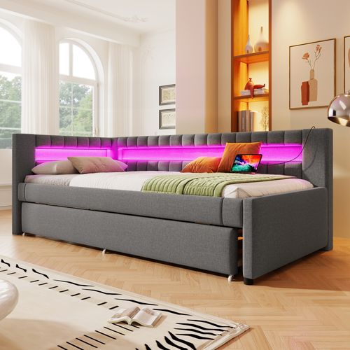 Lit Gigogne 90x200 Cm En Lin Gris Avec LED, Tiroir Extensible Et Ports USB + Type-c