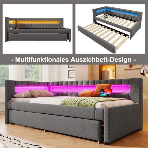 Lit Gigogne 90x200 Cm En Lin Gris Avec LED, Tiroir Extensible Et Ports USB + Type-c