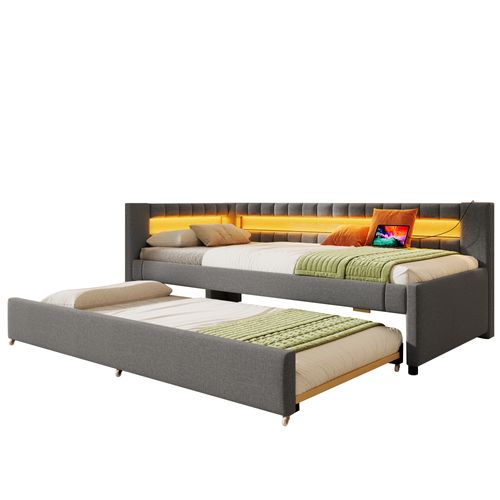 Lit Gigogne 90x200 Cm En Lin Gris Avec LED, Tiroir Extensible Et Ports USB + Type-c