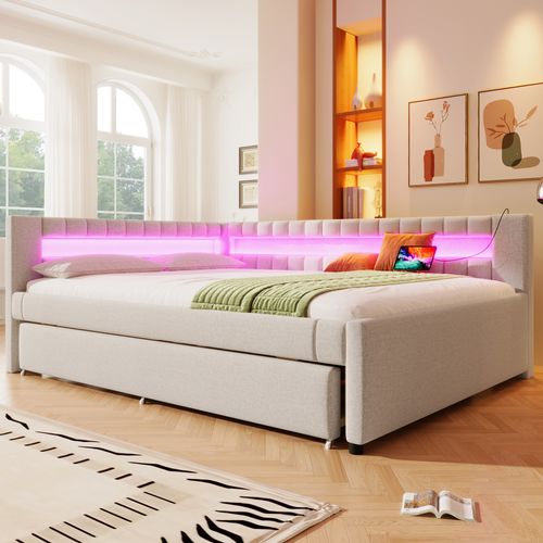 Lit Gigogne 140x200 Cm En Lin Beige Avec LED, Tiroir Extensible Et Ports USB + Type-c