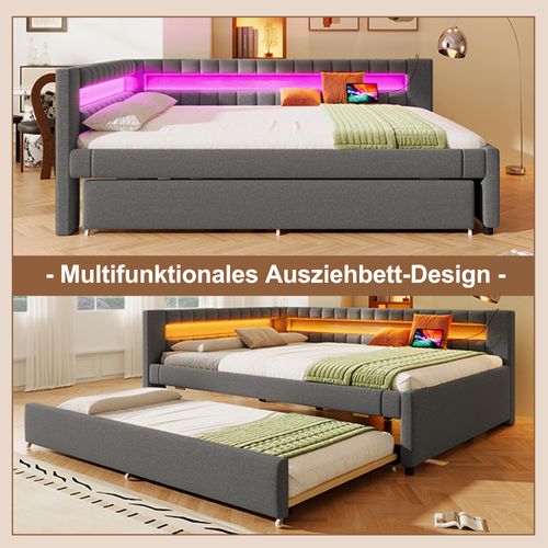 Lit Gigogne 140x200 Cm En Lin Gris Avec LED, Tiroir Extensible Et Ports USB + Type-c