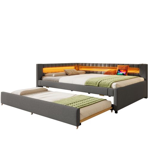 Lit Gigogne 140x200 Cm En Lin Gris Avec LED, Tiroir Extensible Et Ports USB + Type-c