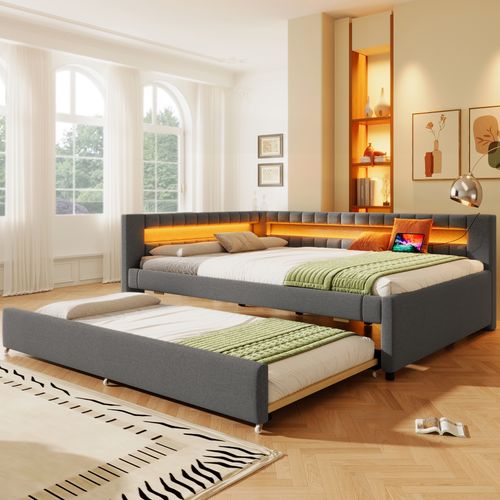 Lit Gigogne 140x200 Cm En Lin Gris Avec LED, Tiroir Extensible Et Ports USB + Type-c