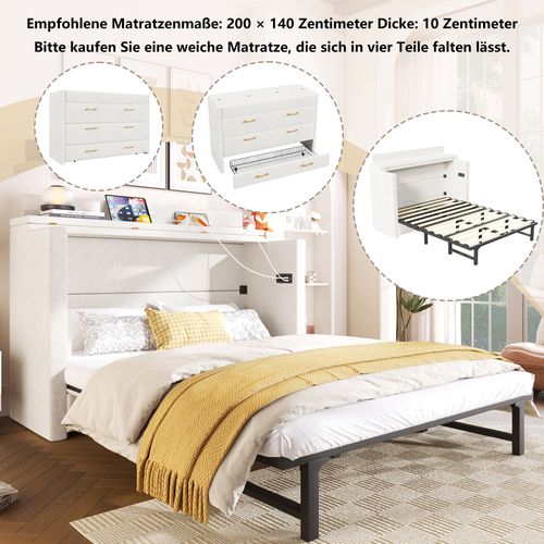 Lit Escamotable 140x200 Cm Avec Tiroir Et USB/type-c, Convertible En Plateforme, Beige