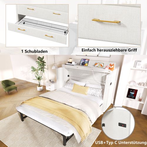 Lit Escamotable 140x200 Cm Avec Tiroir Et USB/type-c, Convertible En Plateforme, Beige
