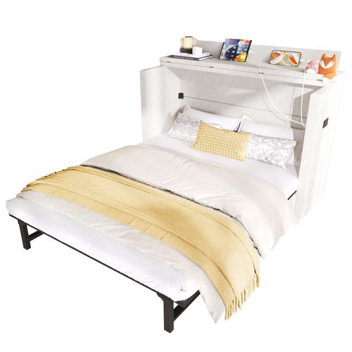 Lit Escamotable 140x200 Cm Avec Tiroir Et USB/type-c, Convertible En Plateforme, Beige