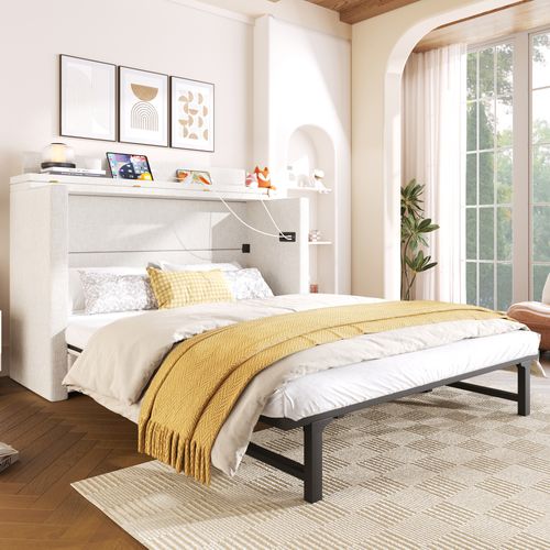 Lit Escamotable 140x200 Cm Avec Tiroir Et USB/type-c, Convertible En Plateforme, Beige