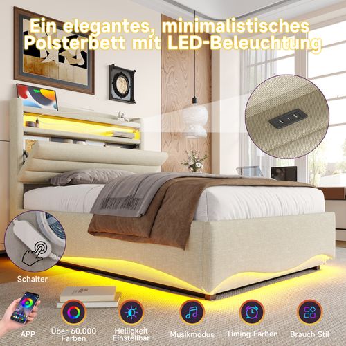 Lit Enfant 90x200 Cm En Lin Beige Avec LED, Rangement Hydraulique Et Ports USB/type-c