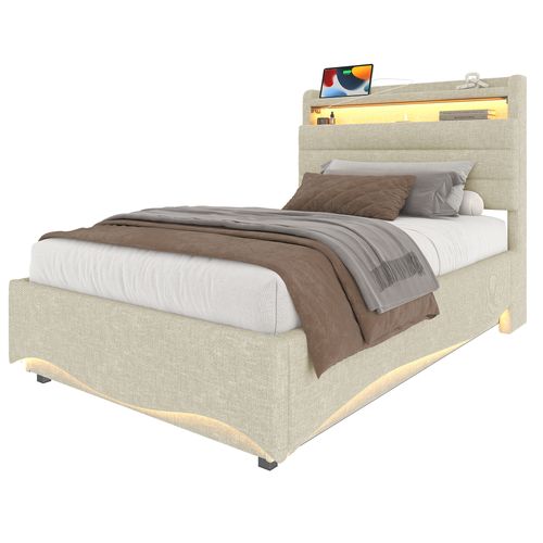 Lit Enfant 90x200 Cm En Lin Beige Avec LED, Rangement Hydraulique Et Ports USB/type-c
