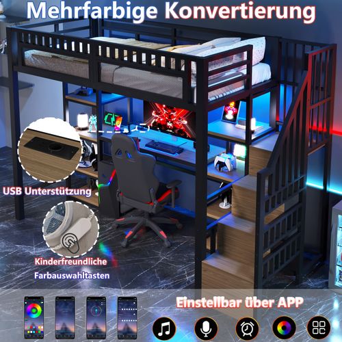 Lit Mezzanine 90x200 Cm En Métal Noir Avec Bureau, LED, USB Et Rangements Intégrés