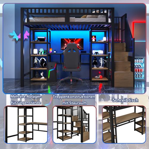 Lit Mezzanine 90x200 Cm En Métal Noir Avec Bureau, LED, USB Et Rangements Intégrés