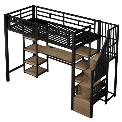 Lit Mezzanine 90x200 Cm En Métal Noir Avec Bureau, LED, USB Et Rangements Intégrés