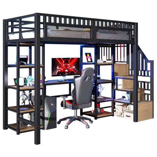 Lit Mezzanine 90x200 Cm En Métal Noir Avec Bureau, LED, USB Et Rangements Intégrés