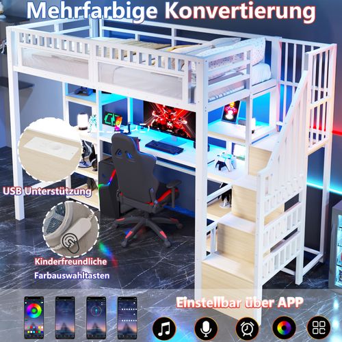 Lit Mezzanine 90x200 Cm En Métal Blanc Avec Bureau, LED, USB Et Rangements Intégrés