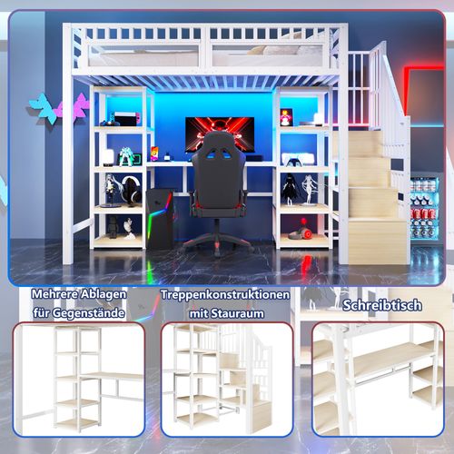 Lit Mezzanine 90x200 Cm En Métal Blanc Avec Bureau, LED, USB Et Rangements Intégrés