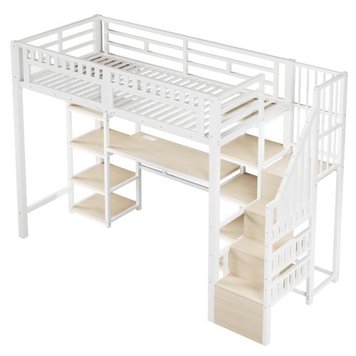 Lit Mezzanine 90x200 Cm En Métal Blanc Avec Bureau, LED, USB Et Rangements Intégrés