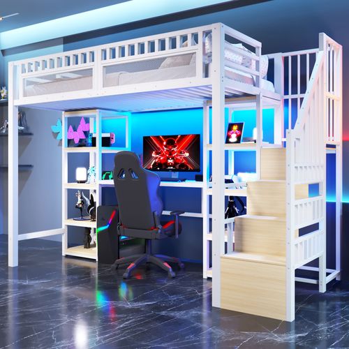 Lit Mezzanine 90x200 Cm En Métal Blanc Avec Bureau, LED, USB Et Rangements Intégrés