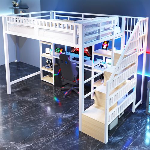 Lit Mezzanine 140x200 Cm En Métal Blanc Avec Bureau, LED, USB Et Rangements Intégrés