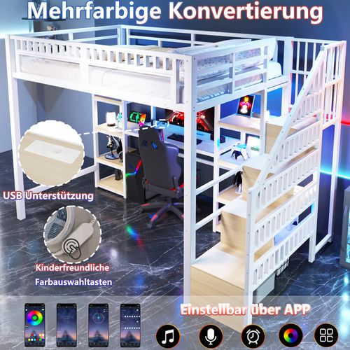 Lit Mezzanine 140x200 Cm En Métal Blanc Avec Bureau, LED, USB Et Rangements Intégrés