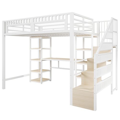 Lit Mezzanine 140x200 Cm En Métal Blanc Avec Bureau, LED, USB Et Rangements Intégrés