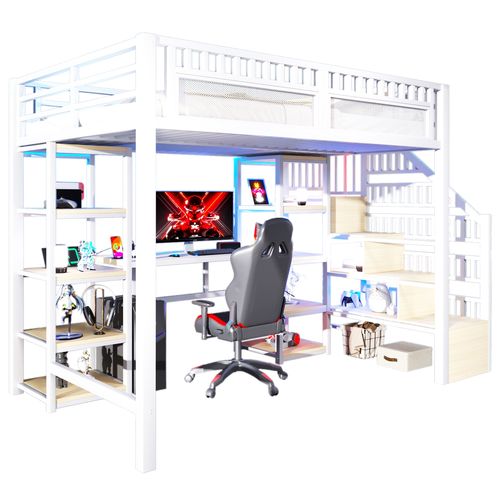 Lit Mezzanine 140x200 Cm En Métal Blanc Avec Bureau, LED, USB Et Rangements Intégrés