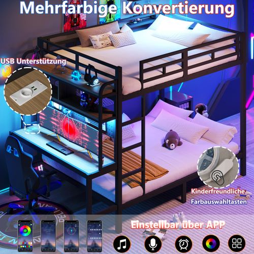 Lit Superposé 140x200 Cm Noir En Métal Avec Bureau, LED, USB Et Rangements Intégrés