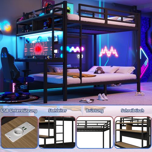 Lit Superposé 140x200 Cm Noir En Métal Avec Bureau, LED, USB Et Rangements Intégrés