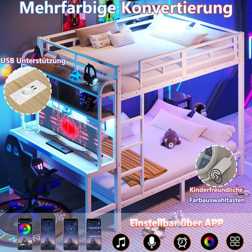 Lit Superposé 140x200 Cm Blanc En Métal Avec Bureau, LED, USB Et Rangements Intégrés